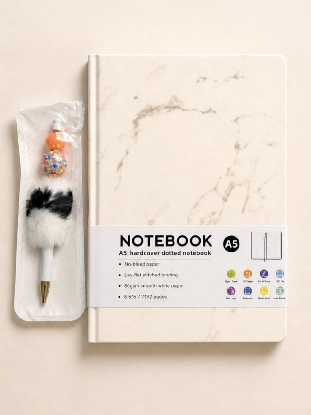 Marble A5 Lined Notebook + Pom Pom Pen Set Journal Planner Student Gift NWT
